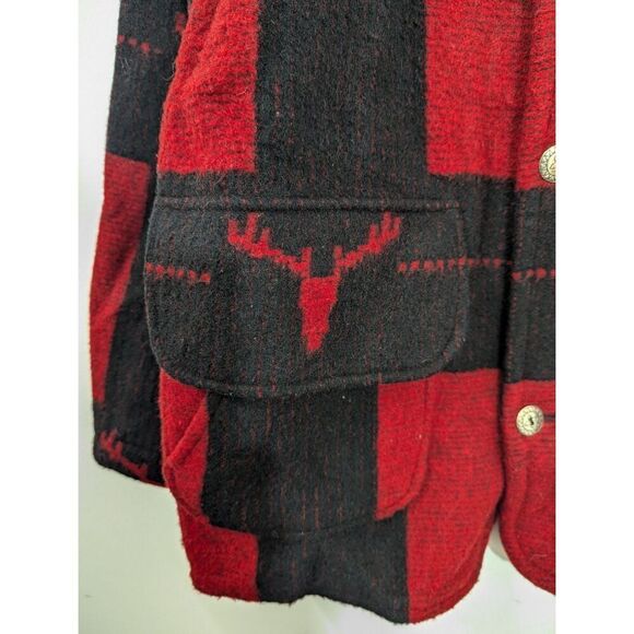 Mens Vtg Orvis Mackinaw Wool Coat Jacket Red Black Buffalo Plaid Southwest Small - Picture 8 of 13